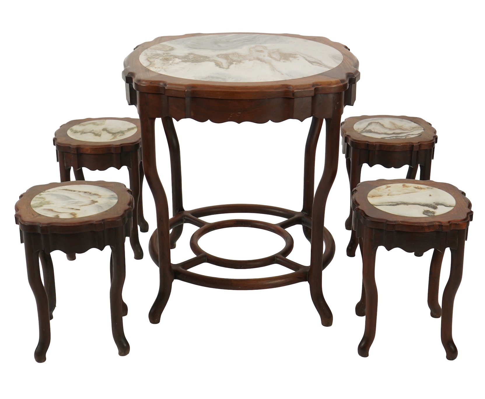 A Chinese dreamstone marble inset hongmu table and four matching stools
